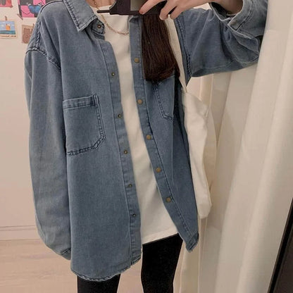 LVSANW Oversize Denim Shirts and Blouses Women Loose Fit Denim Shirt Long Sleeve Blouses Regular Women Tops Clothes for Women Shirts