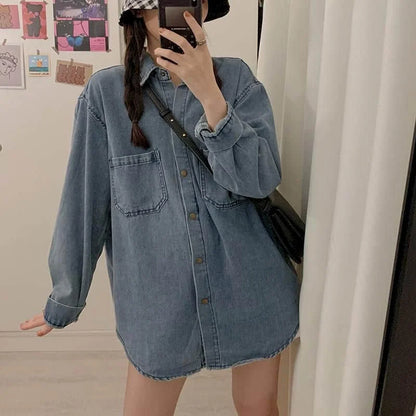 LVSANW Oversize Denim Shirts and Blouses Women Loose Fit Denim Shirt Long Sleeve Blouses Regular Women Tops Clothes for Women Shirts