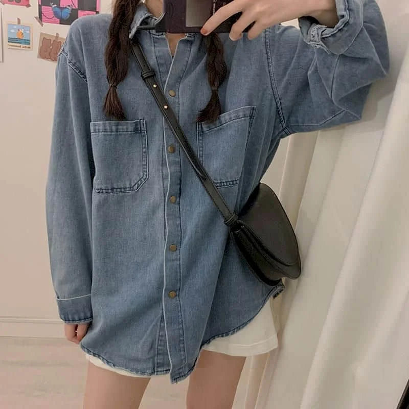 LVSANW Oversize Denim Shirts and Blouses Women Loose Fit Denim Shirt Long Sleeve Blouses Regular Women Tops Clothes for Women Shirts