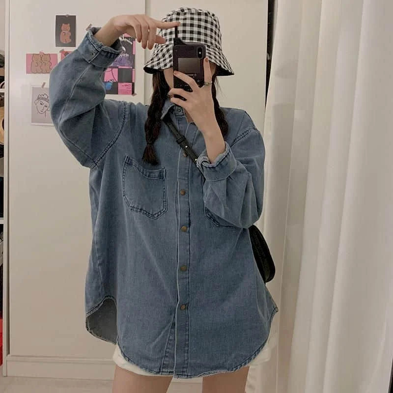 LVSANW Oversize Denim Shirts and Blouses Women Loose Fit Denim Shirt Long Sleeve Blouses Regular Women Tops Clothes for Women Shirts