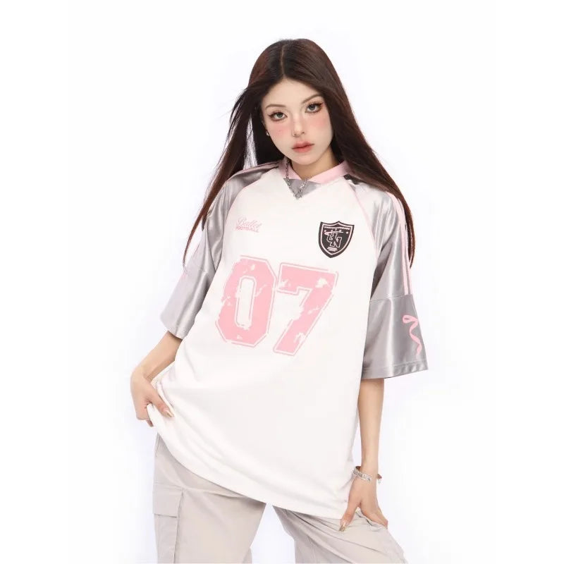 LVSANW Oversized American Style Shoulder Patch Short Sleeved T-shirt Women Summer Silver Top Half Sleeved Couple V-neck Sports Jersey