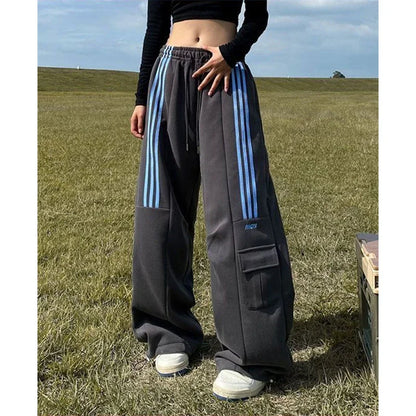 LVSANW Oversized Striped Sweatpants Women Y2K Streetwear Cargo Pants Harajuku Wide Leg Joggers High Waist Baggy Sports Trousers