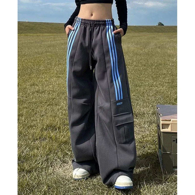 LVSANW Oversized Striped Sweatpants Women Y2K Streetwear Cargo Pants Harajuku Wide Leg Joggers High Waist Baggy Sports Trousers