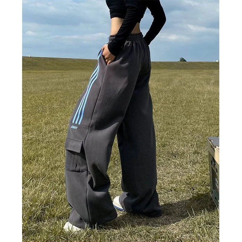 LVSANW Oversized Striped Sweatpants Women Y2K Streetwear Cargo Pants Harajuku Wide Leg Joggers High Waist Baggy Sports Trousers