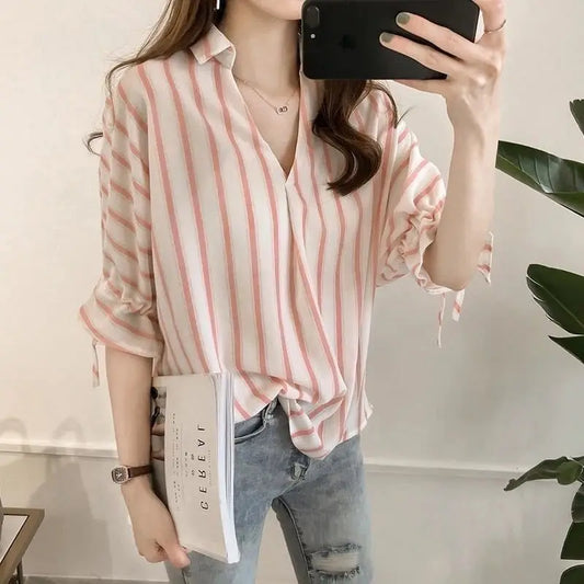 LVSANW Oversized Stylish Striped 3/4 Sleeves Lace Up Shirt for Women's Summer New Loose Temperament Versatile Commuting Top for Women