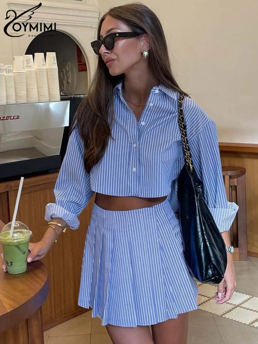 LVSANW Oymimi Elegant Blue Striped Print Sets For Women 2 Pieces Fashion Long Sleeve Button Crop Tops And High Waist Pleated Skirts Set