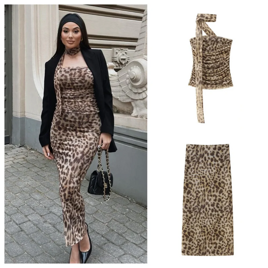 LVSANW PB&ZA 2024 Spring and Summer New Women's Leopard Print Tulle Tube Top High Waist Midi Skirt Two-piece Set