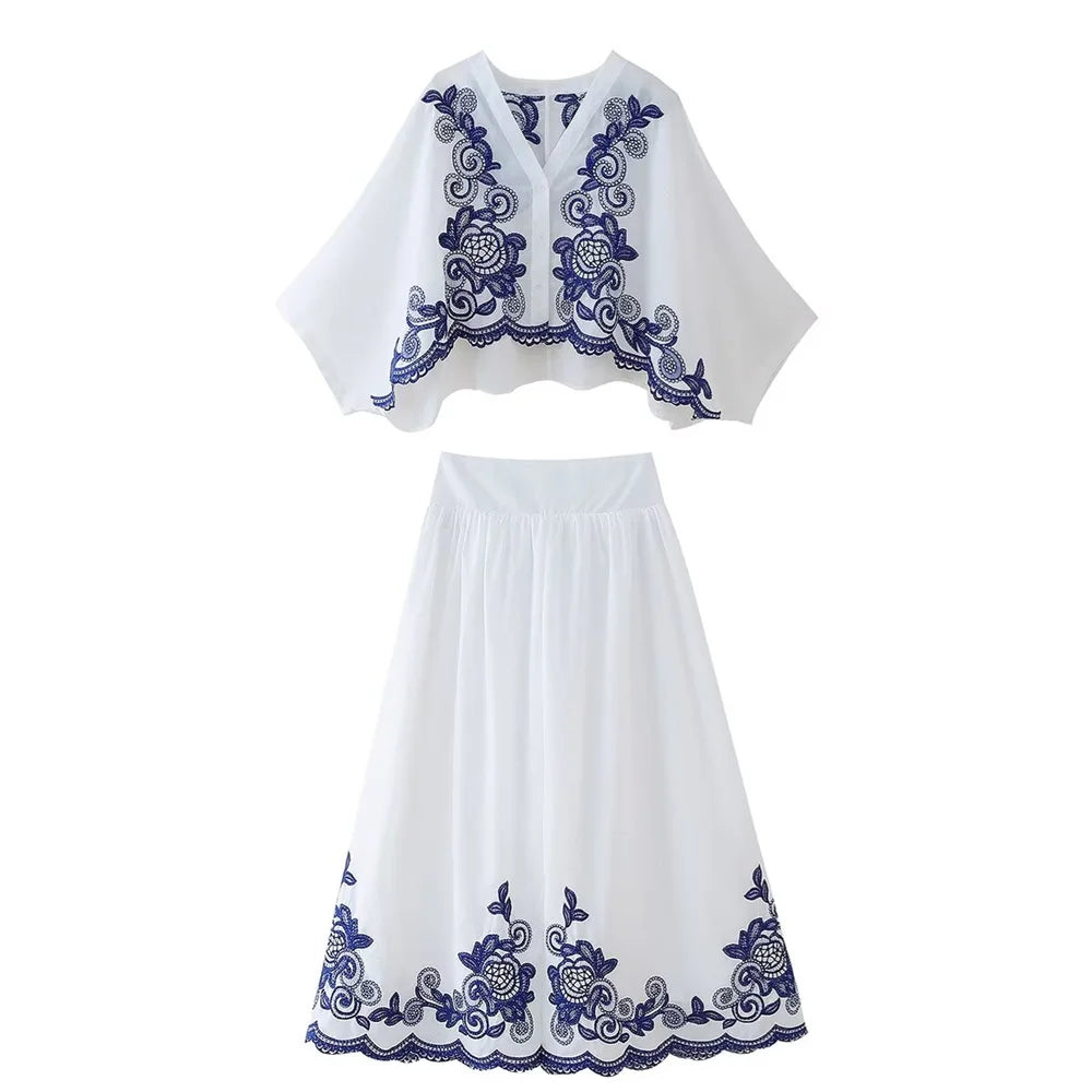 LVSANW PB&ZA2025 Summer New Product Women's Wear European and American Style Contrast Embroidered Shirt Half Skirt Set