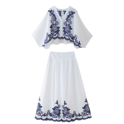 LVSANW PB&ZA2025 Summer New Product Women's Wear European and American Style Contrast Embroidered Shirt Half Skirt Set