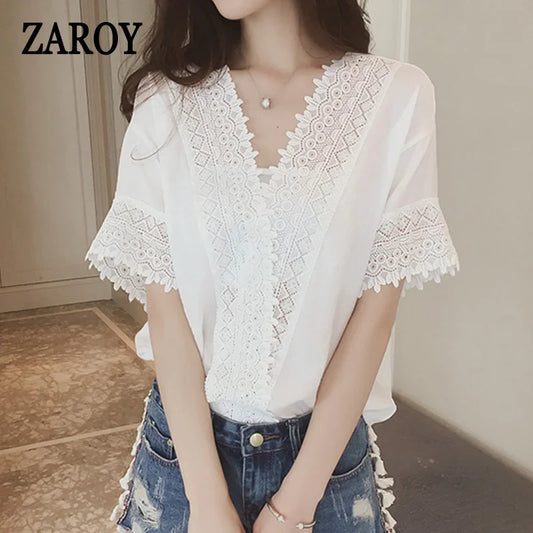 LVSANW PLAZSON blusa mujer moda 2024 Summer Women Blouse Lace Patchwork White Shirt short Sleeve Elegant Lady Tops