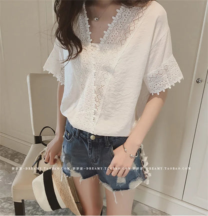 LVSANW PLAZSON blusa mujer moda 2024 Summer Women Blouse Lace Patchwork White Shirt short Sleeve Elegant Lady Tops