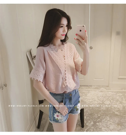 LVSANW PLAZSON blusa mujer moda 2024 Summer Women Blouse Lace Patchwork White Shirt short Sleeve Elegant Lady Tops