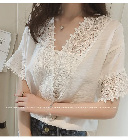 LVSANW PLAZSON blusa mujer moda 2024 Summer Women Blouse Lace Patchwork White Shirt short Sleeve Elegant Lady Tops