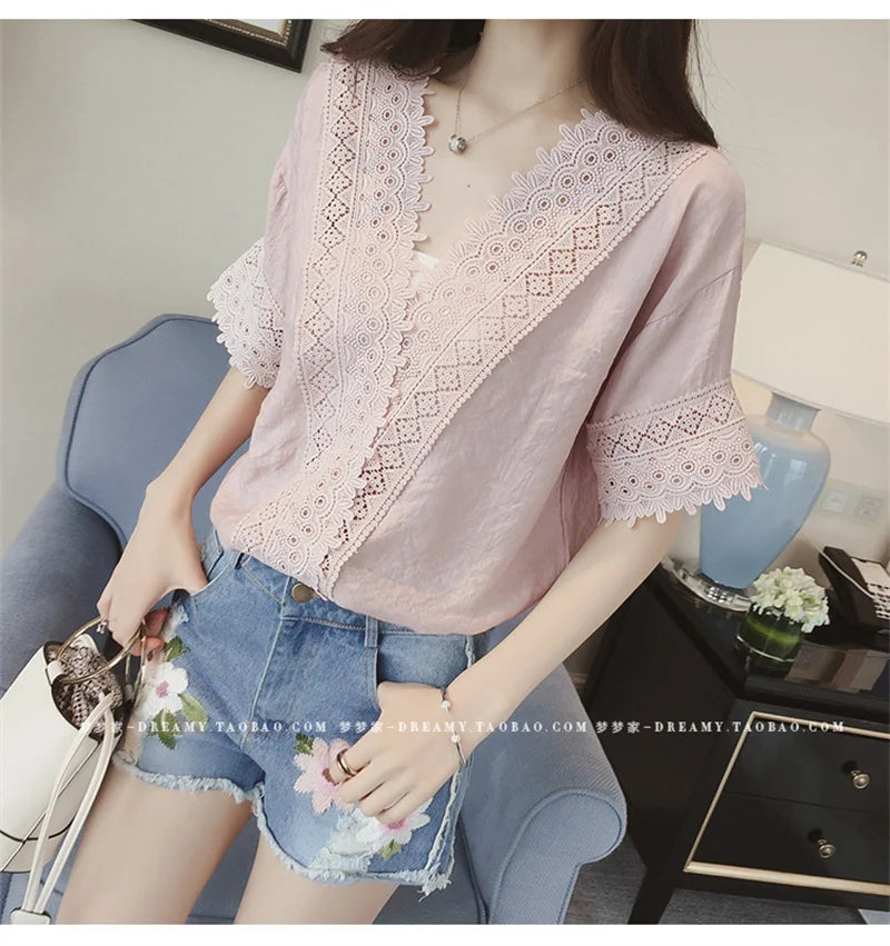 LVSANW PLAZSON blusa mujer moda 2024 Summer Women Blouse Lace Patchwork White Shirt short Sleeve Elegant Lady Tops