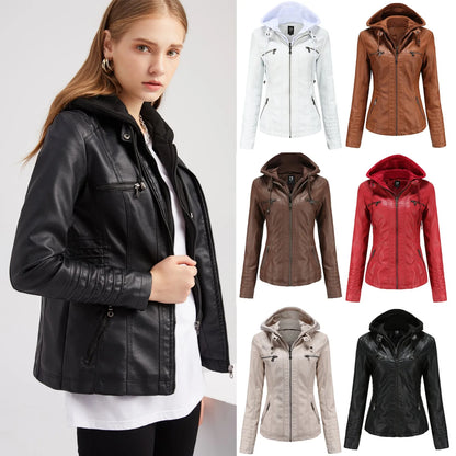 LVSANW PU Leather Women's Slim Fit Leather Hooded Zip Up Motorcycle Biker Coat Jacket Tops Long Sleeved Streetwear Clothe Autumn Winter