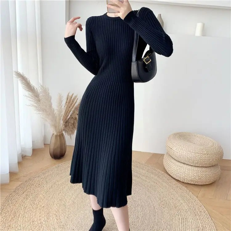 LVSANW Paired with a Mid Length Coat Knee Length Woolen Skirt Cinched Waist for Slimming Effect and Lined with an A-line Knitted Dress