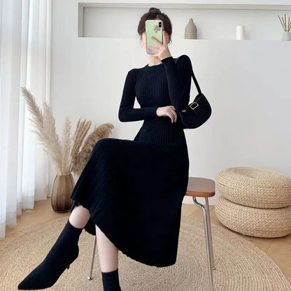 LVSANW Paired with a Mid Length Coat Knee Length Woolen Skirt Cinched Waist for Slimming Effect and Lined with an A-line Knitted Dress