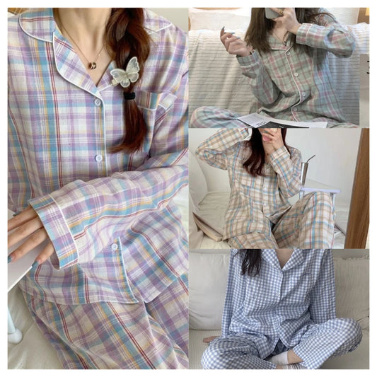 LVSANW Pajamas Female Autumn and Winter Long-Sleeved Sweet Homewear Two-Piece Tide Cardigan Lapel Plaid Homewear