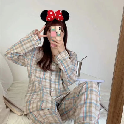 LVSANW Pajamas Female Autumn and Winter Long-Sleeved Sweet Homewear Two-Piece Tide Cardigan Lapel Plaid Homewear