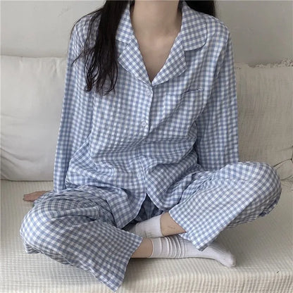 LVSANW Pajamas Female Autumn and Winter Long-Sleeved Sweet Homewear Two-Piece Tide Cardigan Lapel Plaid Homewear