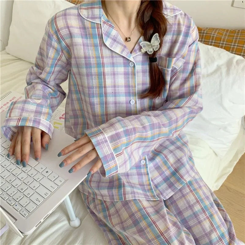 LVSANW Pajamas Female Autumn and Winter Long-Sleeved Sweet Homewear Two-Piece Tide Cardigan Lapel Plaid Homewear