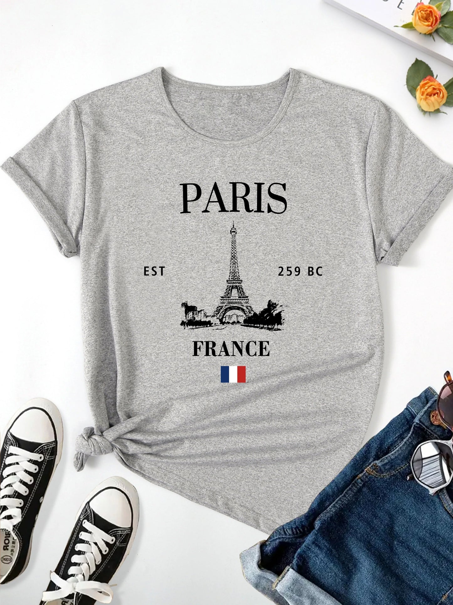 LVSANW Paris Eiffel Tower Print T-shirt, Casual Crew Neck Short Sleeve Top For Spring & Summer, Women's Clothing