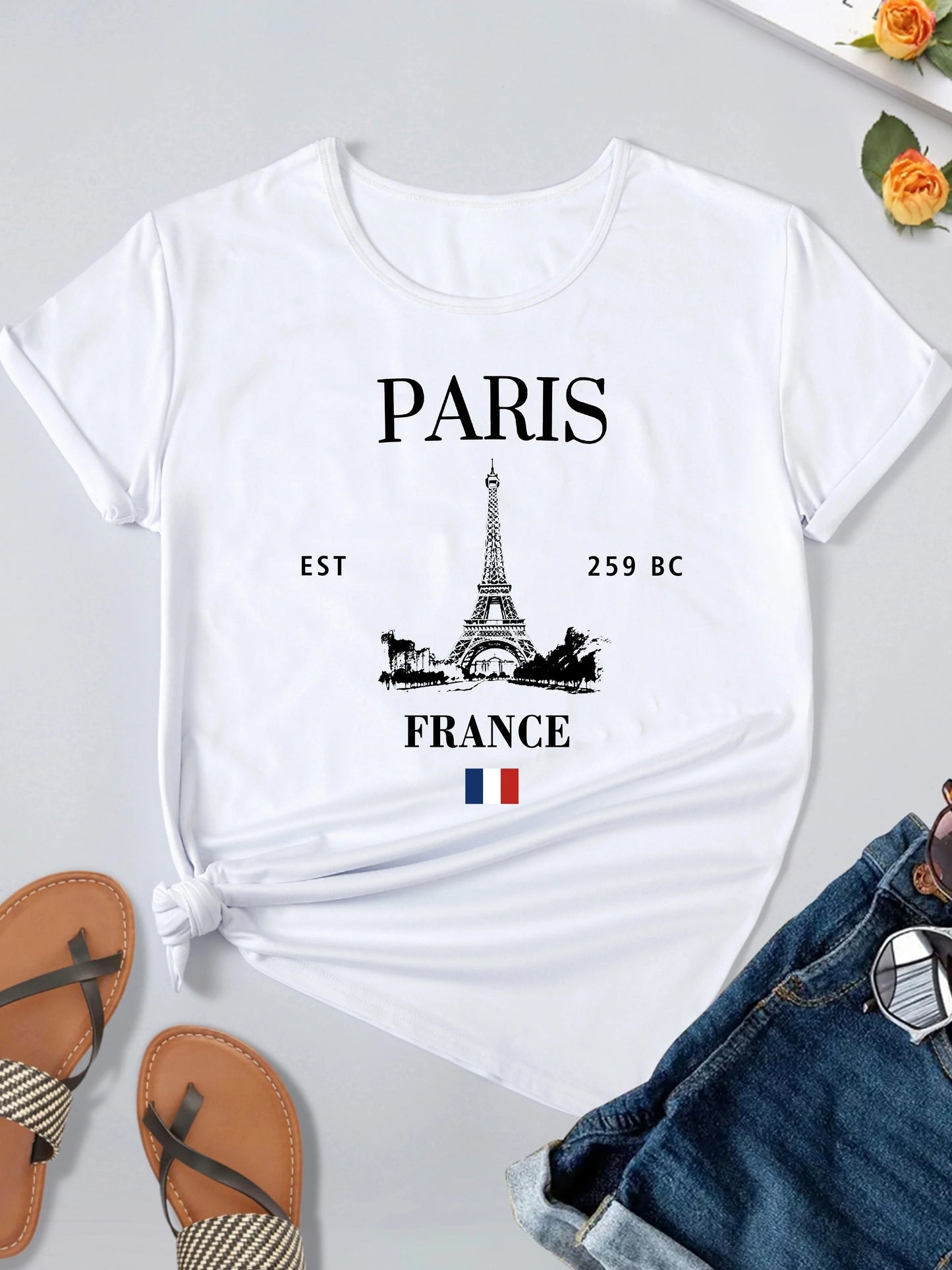 LVSANW Paris Eiffel Tower Print T-shirt, Casual Crew Neck Short Sleeve Top For Spring & Summer, Women's Clothing