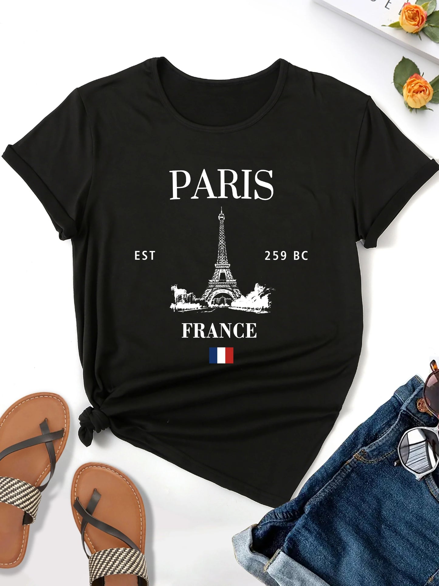 LVSANW Paris Eiffel Tower Print T-shirt, Casual Crew Neck Short Sleeve Top For Spring & Summer, Women's Clothing