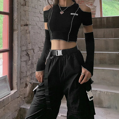 LVSANW Patchwork Black T-shirts Gothic One Shoulder Sleeve Y2k Crop Tops Ruffles Hem Hip Hop Techwear Women Tees