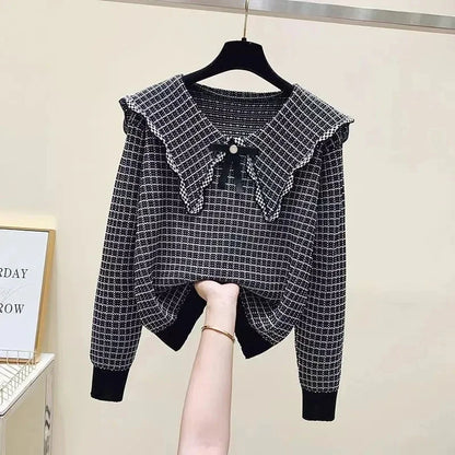 LVSANW Peter pan Collar Plaid Vintage Acrylic Knitted Pullover Women's Sweater Long Sleeve Female Sweaters Tops Woman Clothing Fashion