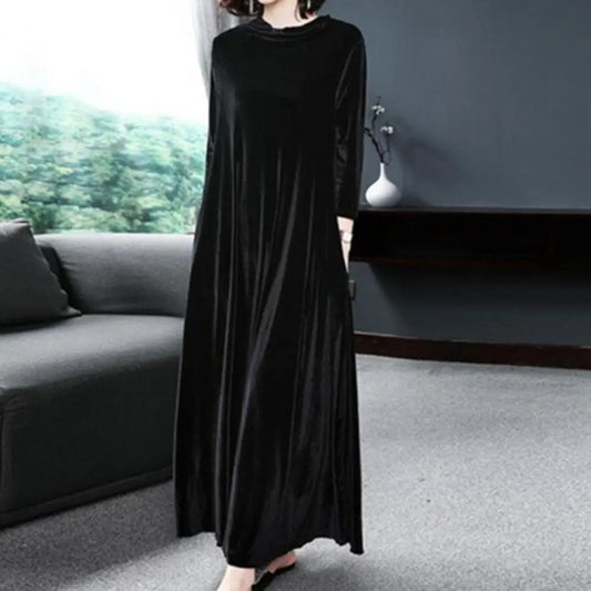 LVSANW Pile Collar Long Sleeves Pockets A-Line Women Dress Spring Autumn Pleated Loose Hem Velvet Maxi Dress Solid Color