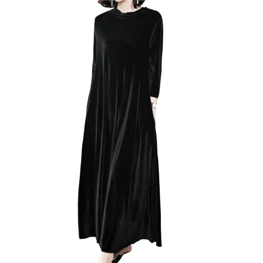 LVSANW Pile Collar Long Sleeves Pockets A-Line Women Dress Spring Autumn Pleated Loose Hem Velvet Maxi Dress Solid Color