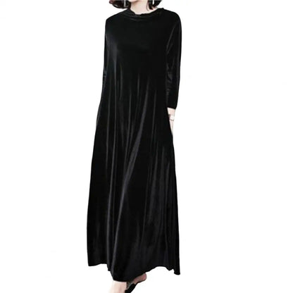 LVSANW Pile Collar Long Sleeves Pockets A-Line Women Dress Spring Autumn Pleated Loose Hem Velvet Maxi Dress Solid Color