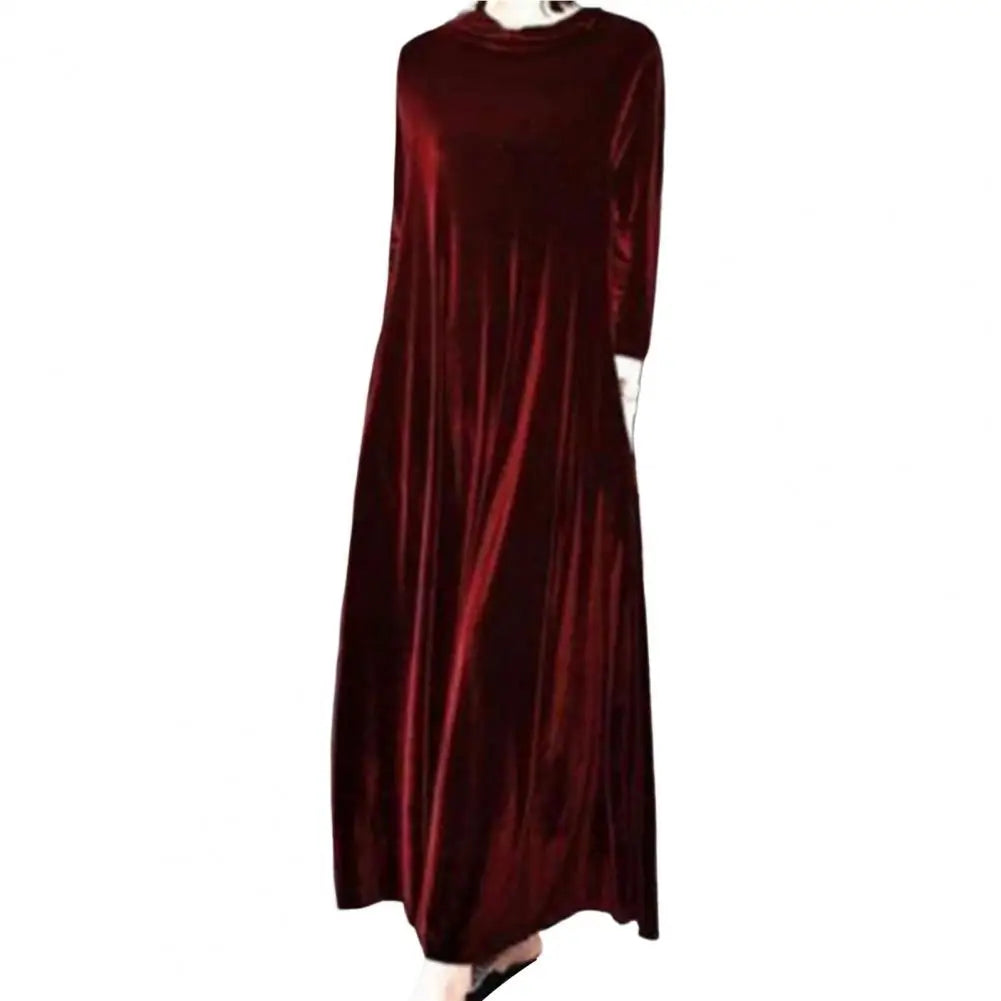 LVSANW Pile Collar Long Sleeves Pockets A-Line Women Dress Spring Autumn Pleated Loose Hem Velvet Maxi Dress Solid Color