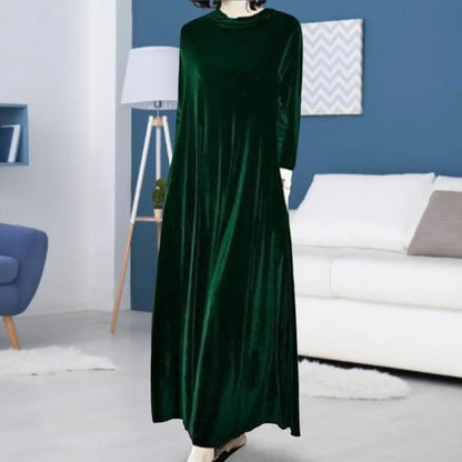 LVSANW Pile Collar Long Sleeves Pockets A-Line Women Dress Spring Autumn Pleated Loose Hem Velvet Maxi Dress Solid Color