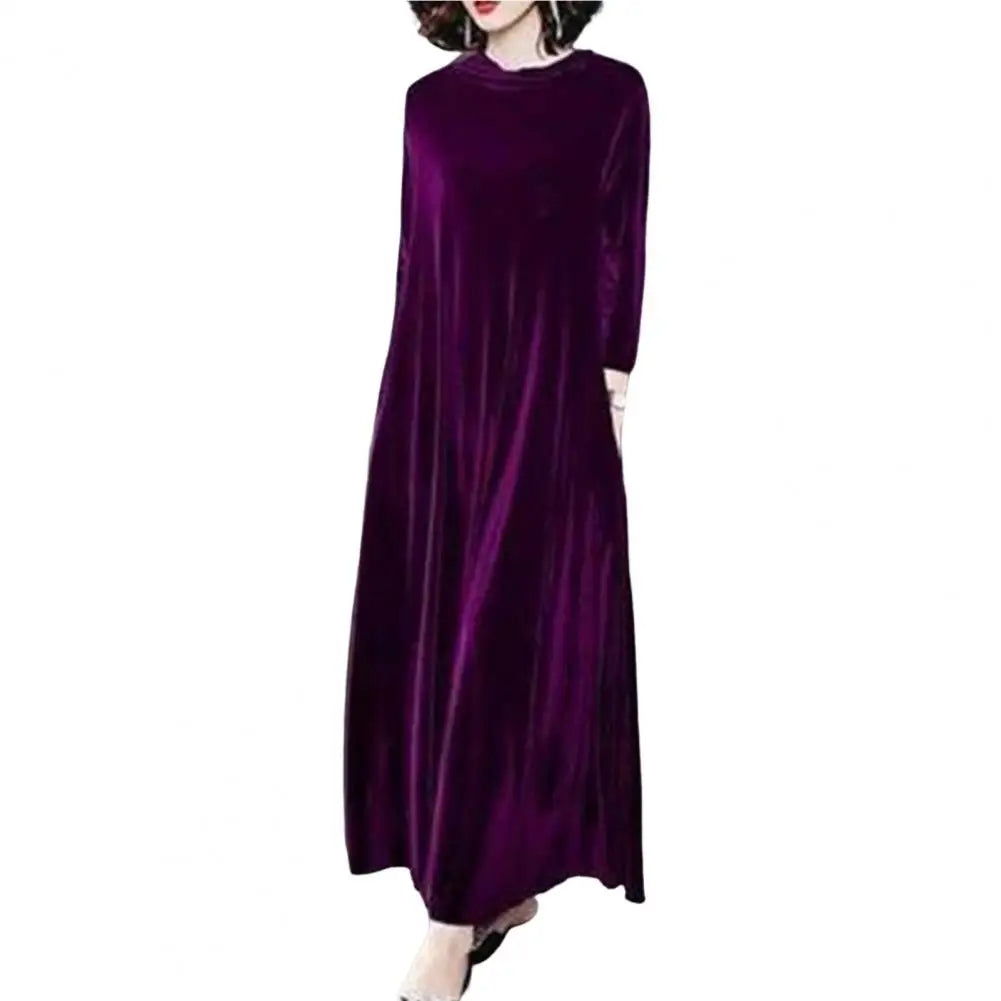 LVSANW Pile Collar Long Sleeves Pockets A-Line Women Dress Spring Autumn Pleated Loose Hem Velvet Maxi Dress Solid Color