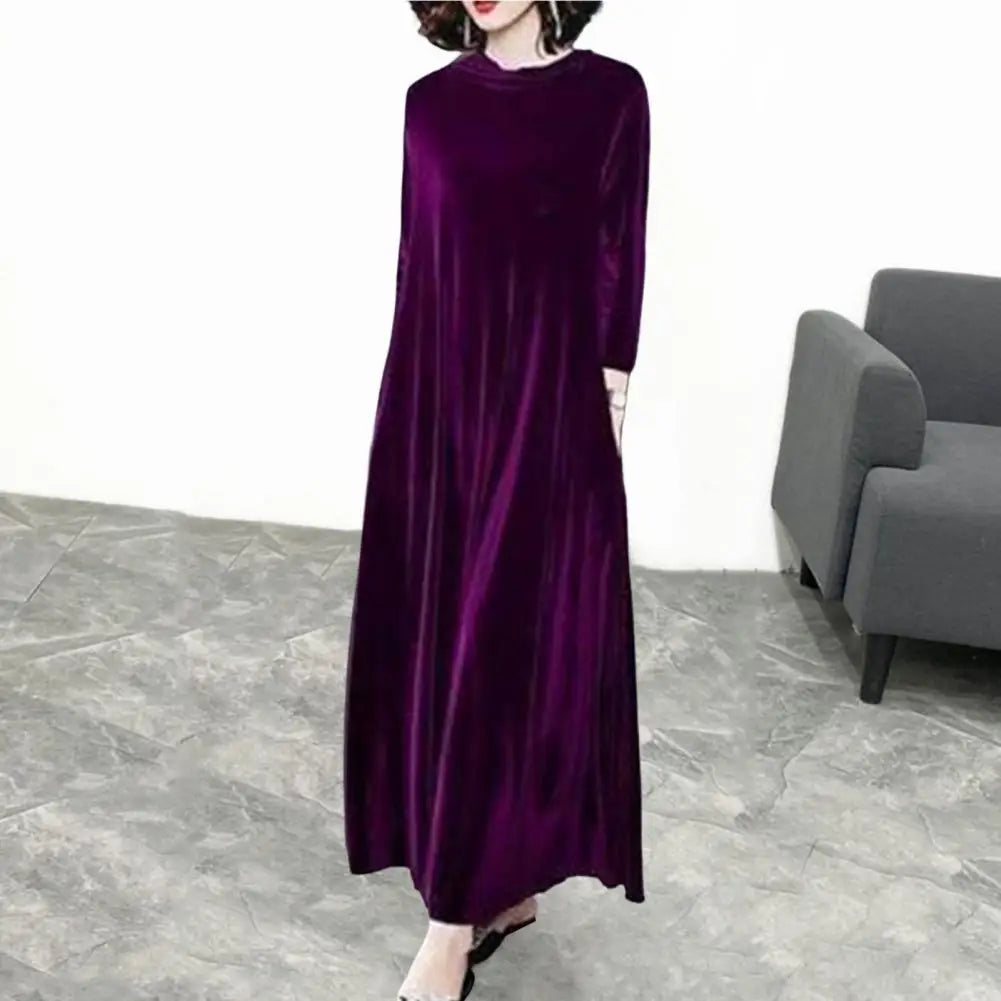 LVSANW Pile Collar Long Sleeves Pockets A-Line Women Dress Spring Autumn Pleated Loose Hem Velvet Maxi Dress Solid Color