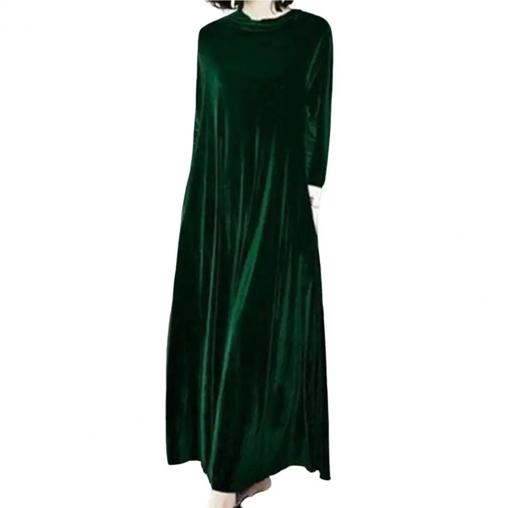 LVSANW Pile Collar Long Sleeves Pockets A-Line Women Dress Spring Autumn Pleated Loose Hem Velvet Maxi Dress Solid Color