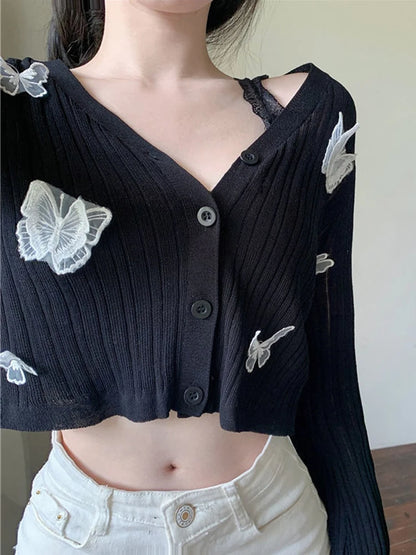 LVSANW Pink Butterfly Cardigan Women Summer Long Sleeve Knitted Sweater Female Korean Fashion Sweet Cute Slim Button Sunscreen Crop Top