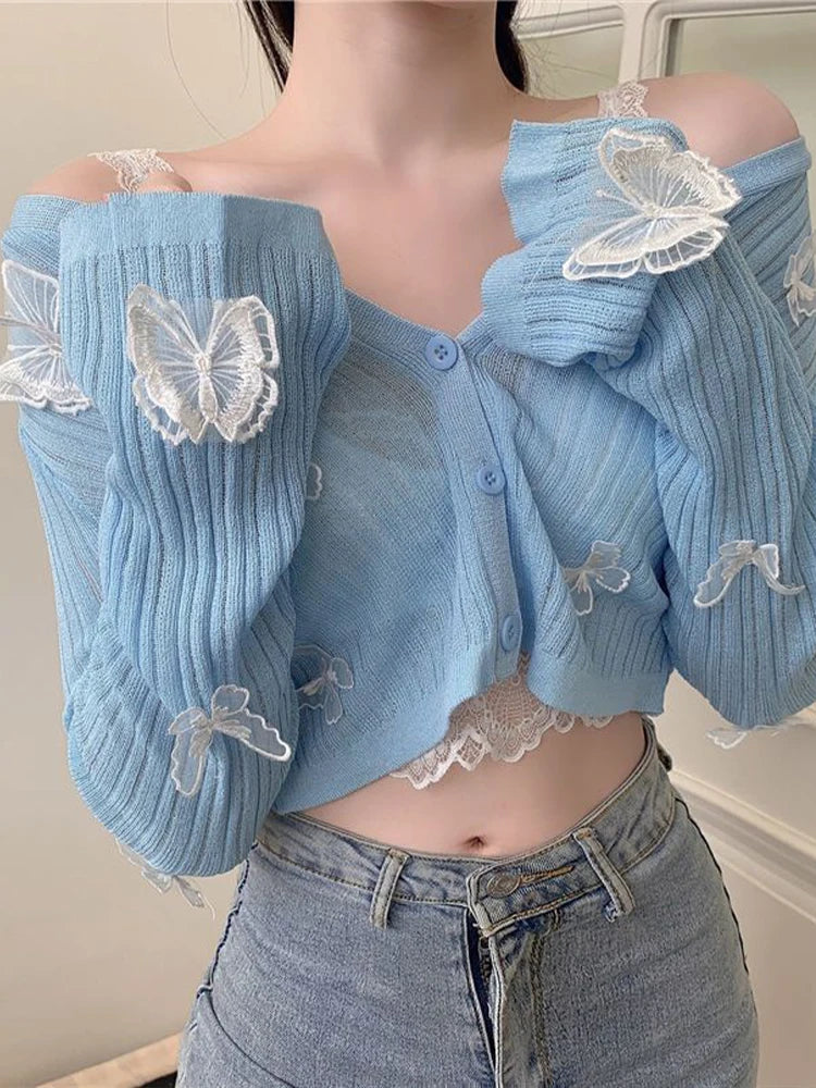 LVSANW Pink Butterfly Cardigan Women Summer Long Sleeve Knitted Sweater Female Korean Fashion Sweet Cute Slim Button Sunscreen Crop Top