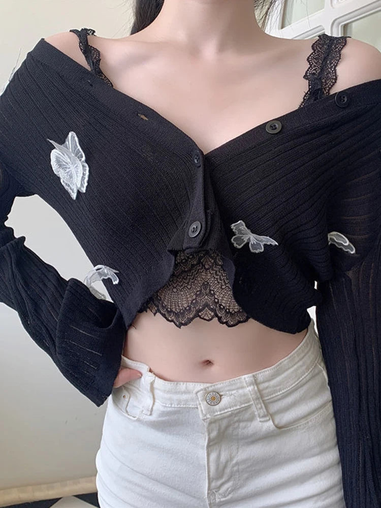 LVSANW Pink Butterfly Cardigan Women Summer Long Sleeve Knitted Sweater Female Korean Fashion Sweet Cute Slim Button Sunscreen Crop Top