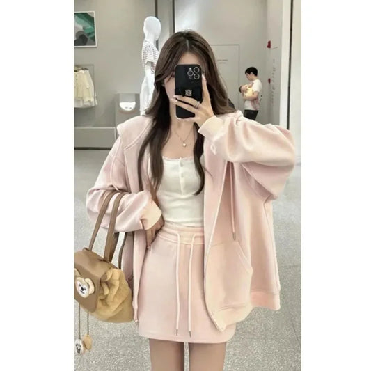 LVSANW Pink Casual Sweatshirt Sport Suit Women's New 2024 Spring Season Jacket Skirt Matching 2-piece Set Student Women Clothing