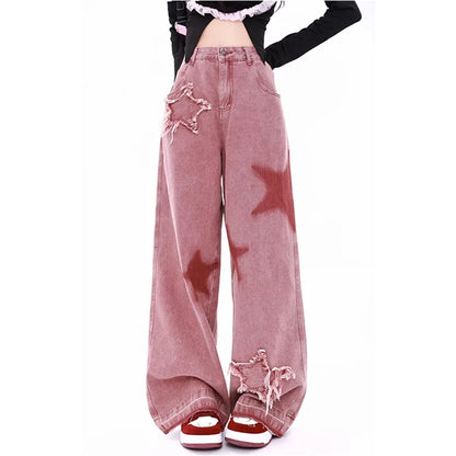 LVSANW Pink Jeans Women Letters Print High Waist American Street Wide Leg Denim Hip Hop Fashion Retro Straight Y2K Winter Denim Trouser