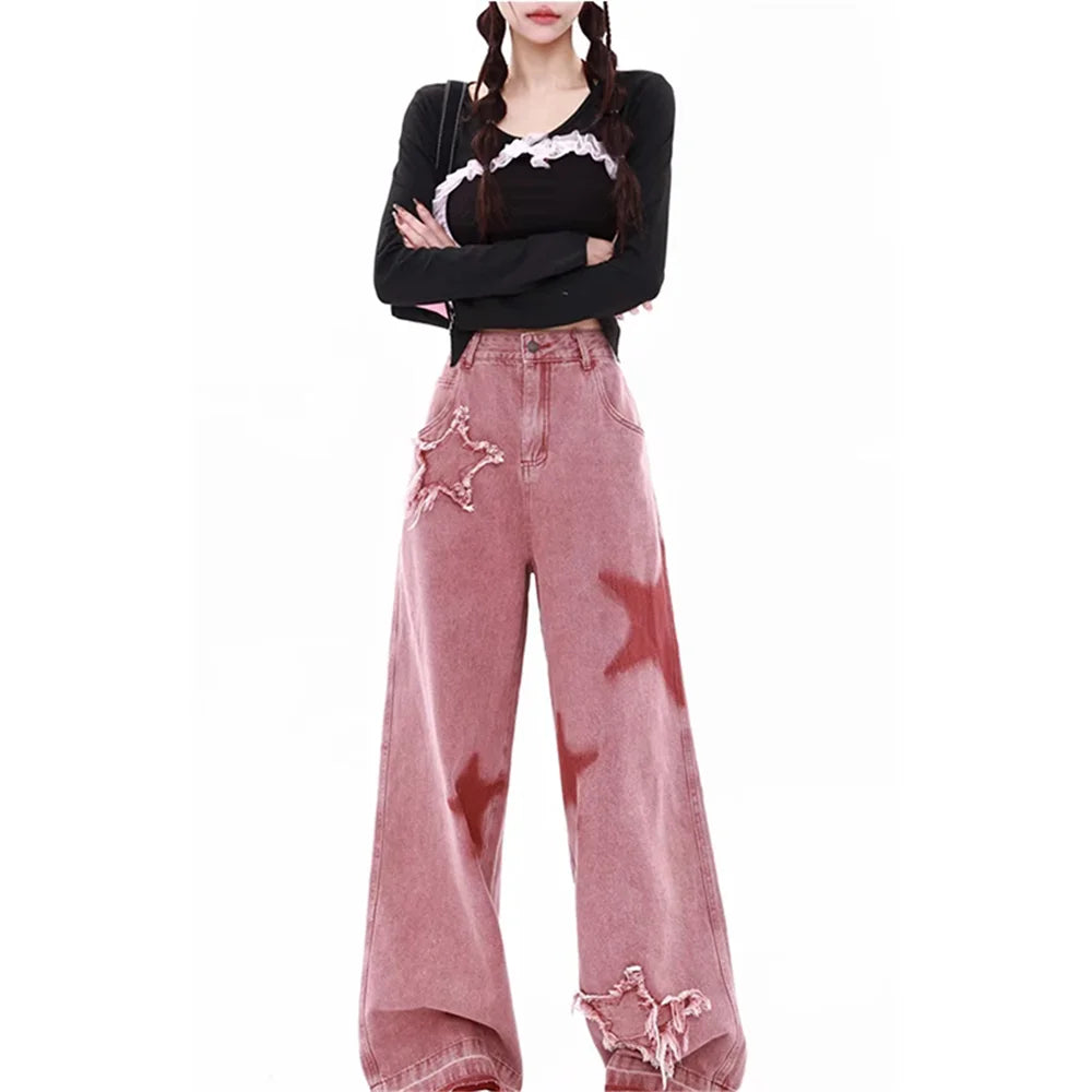 LVSANW Pink Jeans Women Letters Print High Waist American Street Wide Leg Denim Hip Hop Fashion Retro Straight Y2K Winter Denim Trouser