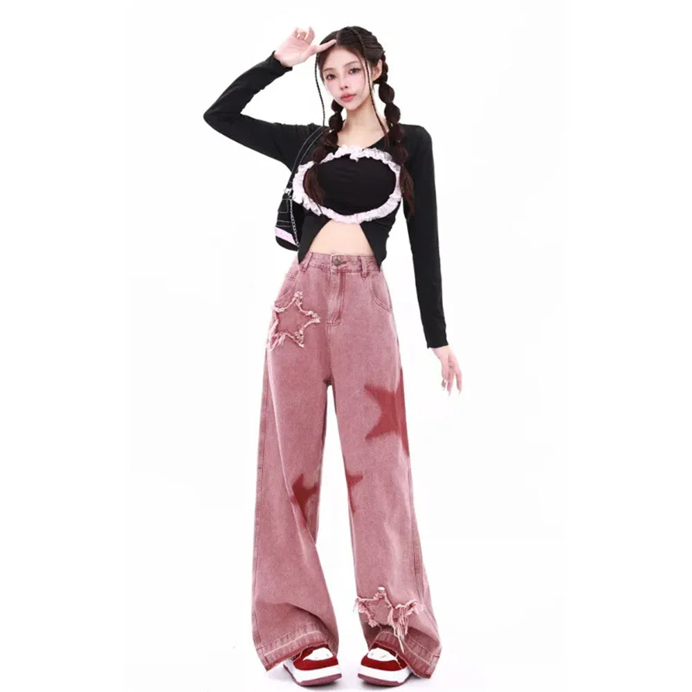 LVSANW Pink Jeans Women Letters Print High Waist American Street Wide Leg Denim Hip Hop Fashion Retro Straight Y2K Winter Denim Trouser