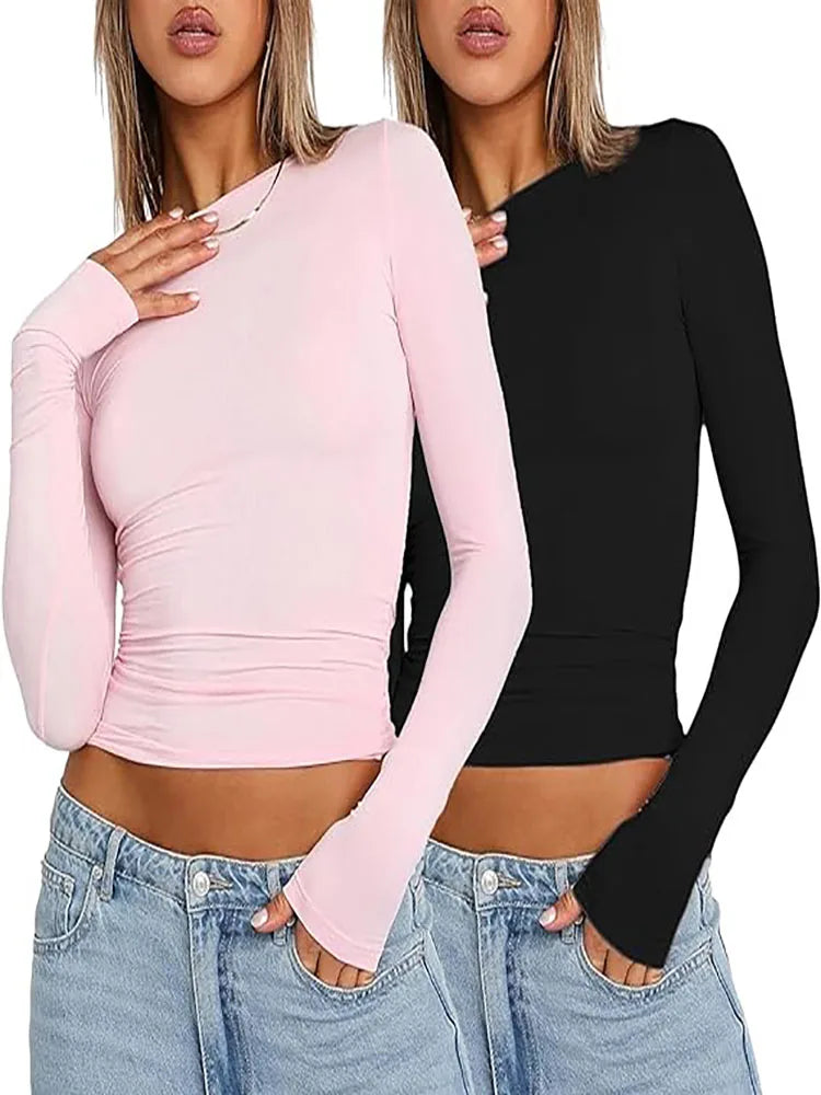 LVSANW Pink Long Sleeve T-shirt Women 2024 Summer Cute White Crop Top Ladies Causal Sexy Slim O Neck Basic Tees Tshirt Y2k Top Clothes