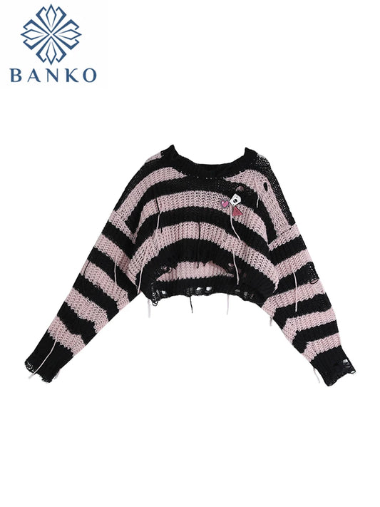 LVSANW Pink Striped Gothic Sweaters Women Ripped Holes Loose Knitted Pullover Frayed Fairy Grunge Jumpers Streetwear Crop Tops Ladies