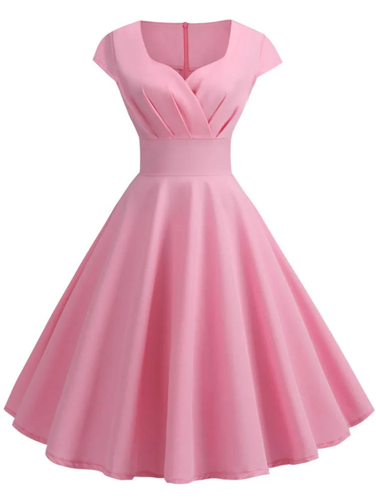 LVSANW Pink Summer Dress Women V Neck Vintage Robe Elegant Retro pin up Party Office Midi Dresses