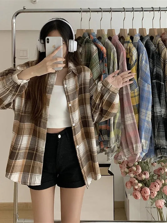 LVSANW Plaid Shirt Women Autumn Long Sleeve Top Female Vintage Fashion Single Breasted Blouse Ladies Preppy Style Loose Check Shirts