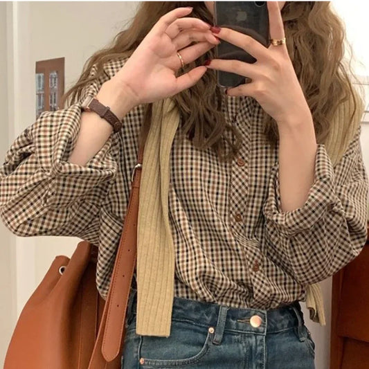 LVSANW Plaid Shirts Women Retro Turn-down Collar Blouses All-match Straight Hong Kong Style Button Up Elegant Long Sleeve Outwear Femme